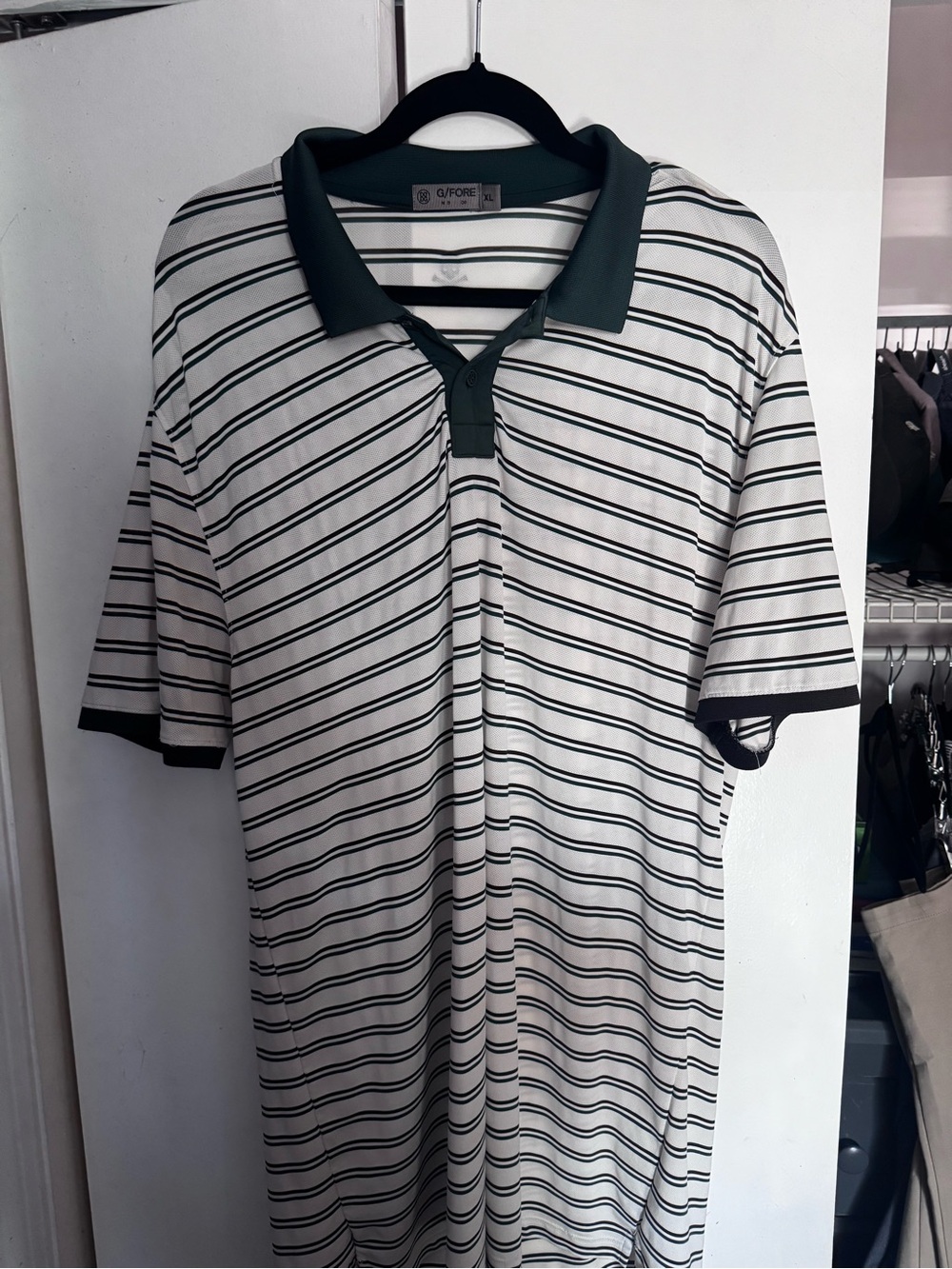 G/FORE Men's Striped Polo Shirt in White and Dark Green